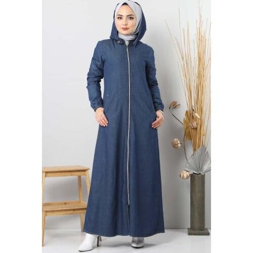 Arkası Düğme Detaylı Tesettür Kot Ferace TSD8220 Koyu Mavi