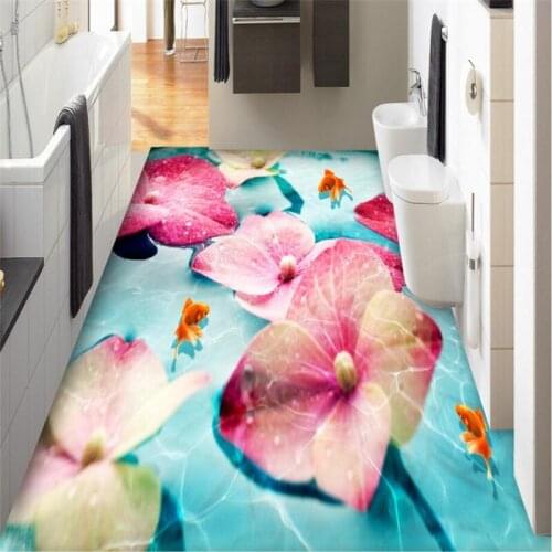 BEIBEHANG Custom wallpaper murals photos HD pink flowers goldfish bathroom 3D floor tiles thicker wear-resistant wall paper