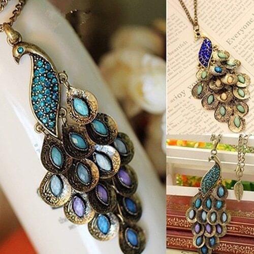 Bluelans Women Vintage Alloy Rhinestone Peacock Pendant Long Chain Charm Necklace