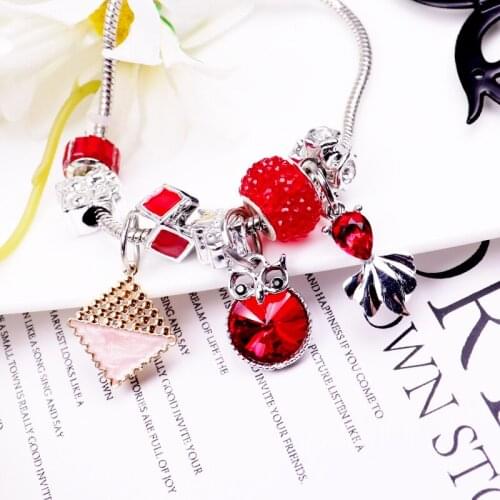 1PCS/LOT 2020 New Pandor Series Enthusiastic Red Glass Bead Bracelet DIY Owl Pendant Fashion Cute Bracelet