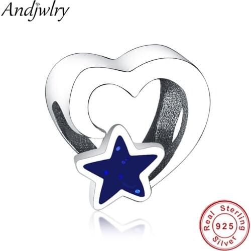 S925 Sterling Silver Beads Fit Original Pandora Charm Bracelet Heart Blue Enamel Star Charm Bead DIY Sliver Jewelry Berloque