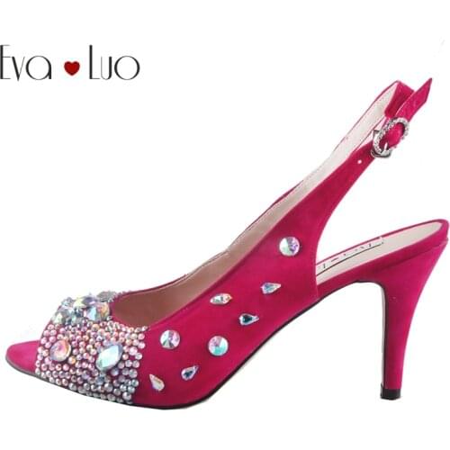CHS804 Custom Made Purple Rhinestones Crystal Slingbacks Bow Women Shoes High Heels Dress Pumps Bridal Wedding Shoes Big Size
