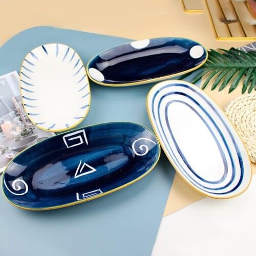 Japanese Restaurant Ceramic Fish Plate Household Large Oval Steamed Fish Plate Dish Grilled Fish Plate Coloured Glaze Tableware