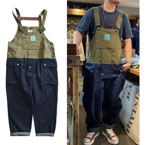 Fashion Jeans Overalls Mens patchwork Jumpsuit man Cargo Work Pants Baggy Bib Streetwear Denim O
