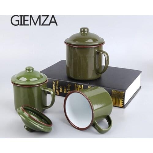 GIEMZA Enamel Cup Special Outdoor Wine Glasses Has Handle Single Layer Green Mug with Lid Instant Noodle Bowl Military Cup