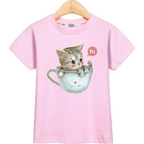 Little girl t-shirt fashion kids tops short sleeve tees 100% cotton shirt cute cat shirt print casual baby girls clothes 3-13T