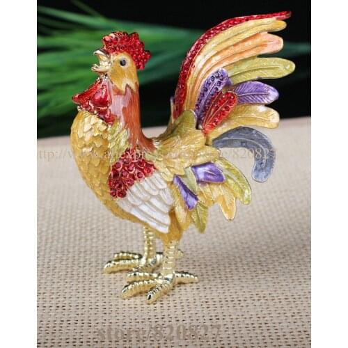 CRYSTAL BEJEWELED ENAMELED HINGED TRINKET BOX -ROOSTER (CHICKEN) CHICKENS GIFTS DISPLAY TRINKET BOX HAND PAINTED