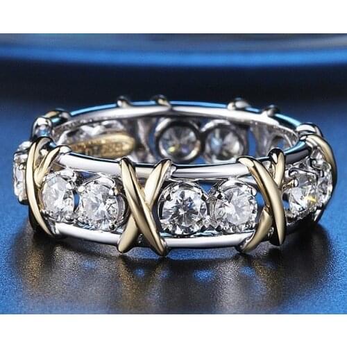 Size 5-11 Cool Jewelry Handmade 925 Silver Overlay AAA CZ Simulated stones 2 Color Wedding Cross gold Band Ring For Women gift