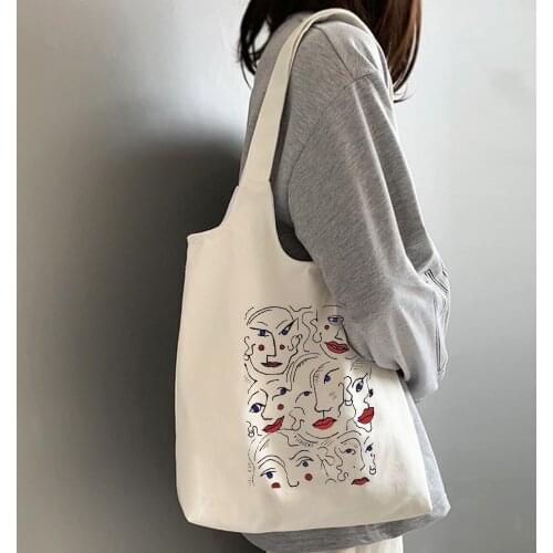 Korea Abstract Tote Shopping Bag Cartoon Ulzzang Print Fun Harajuku Vintage Canvas Bag Women Ins Fashion College Shoulder Bags