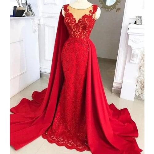 Red Lace Stain Mermaid Evening Pageant Dresses with Long Cape 2020 Modern Overskirt African Sheer Neck Occasion Prom Gowns
