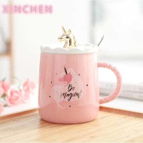 XINCHEN Magical Unicorn Coffee Mug with 3D Glod Lid and Spoon Ceramic Tea Water Cup Gift for Women Girls Pink