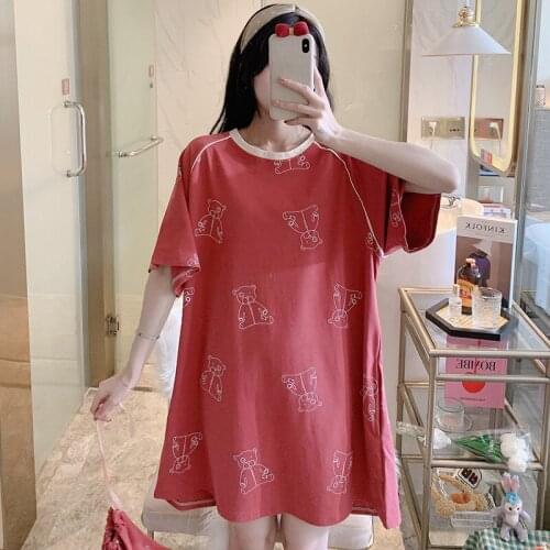 Summer Cute Night Dress Women Loose Nightgown Sleepshirts Short Sleeves Nightie Nightdress Casual Cotton Sleepwear Plus Size