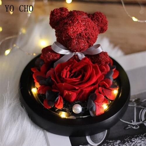 YO CHO Teddy Bear Real Rose In Glass Cover Guardian Bear Immortal Rose Flower LED Light Mothers Day Valentines Christmas Gifts