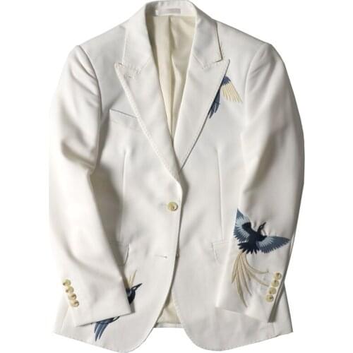 Marry Flower Ceremony Mans Dress Embroidery Masculino Suit Jacket Men Stylish Blazer Homme Stage Stagewear White