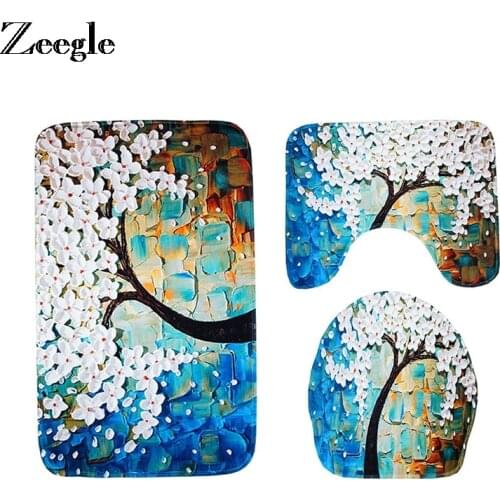 Zeegle Toilet Mats Set Bathroom Carpet Tree Printing Bathroom Mat Non-slip Bath Mat Shower Mats Bathroom Rug Set