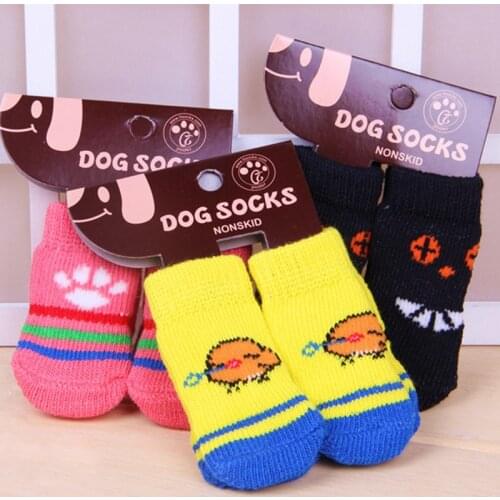New 4pcs=1set Indoor Pet Dog Soft Cotton Anti-slip Knit Weave Warm Sock Skid Bottom Puppy Dog Shoes