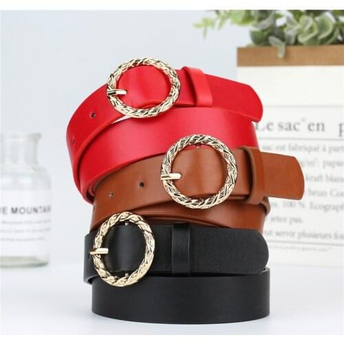 Fashion New Female Belt Alloy Embossed Round Buckle Pin Buckle Imitation Leather Women Belt Trend Casual Corset Belt Waist Belt