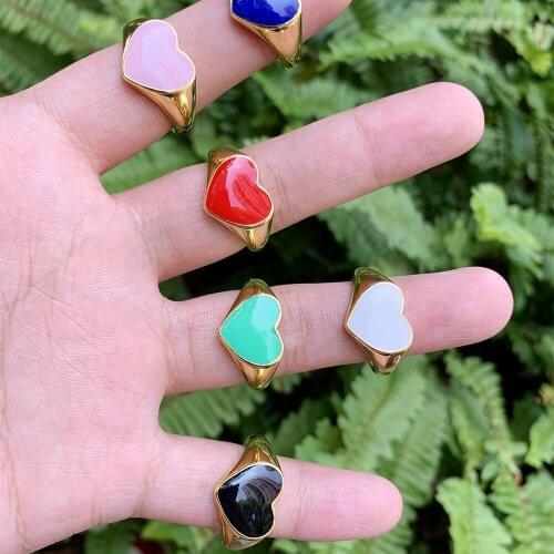 Heart Shape Rainbow Enamel Finger Ring Classic Adjustable Brass Jewelry For Women Gifts