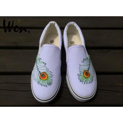 Wen Original Design Peacock Feather Hand Painted Shoes Custom Slip On White Athletic Shoes Women Mens Breathable Sneakers