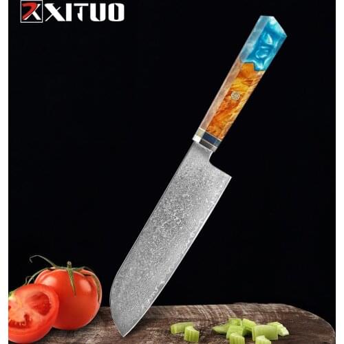XITUO Damascus Santoku Knife 7 inch Professional Japanese Knife Blue Resin Handle Chef Knife cleaver Steak Vegetable for Kitchen