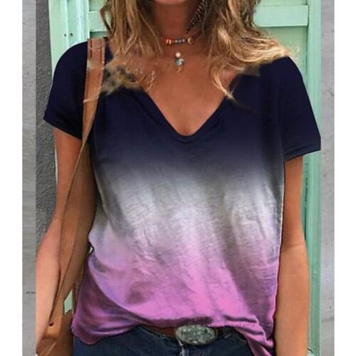 2021 Trending Gradient Print Tops Women Summer V-Neck Short Sleeve Tee Shirts Casual Streetwear T Shirt Femme Plus Size Clothing