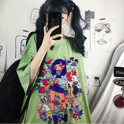 2021 Harajuku Korean CartoonsT Shirts Tees Shirt Tops Cotton Green Short Sleeve Aesthetic Casual T Shirt Women Kawaii