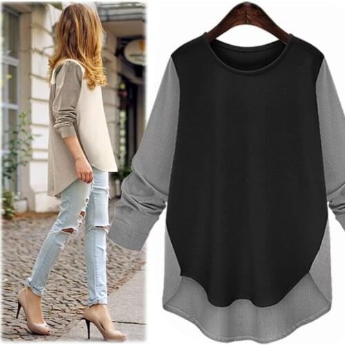 Plus Size 5XL 2020 Autumn Loose Womens Tops T-Shirt O-Neck Patchwork Long Sleeve Long Shirt Women Clothes Tunic Ladies Tops