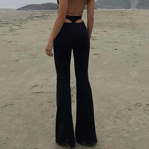 Women black Cotton Flared Pants Knitted Sexy High Waist Hollow Out Elastic waist Long Trousers Casual Fashion White Summer 2021
