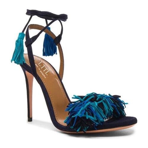 Handmade Tassels Women Sandals Summer High Heels Real Leather Gladiator lace up tassel Sandal large size customize make