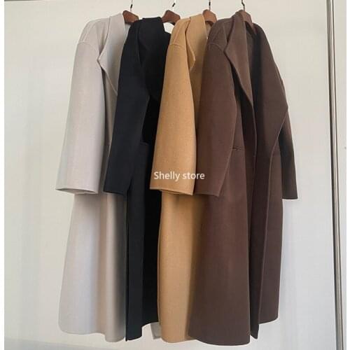 Women Trench Wool and Cashmere Profile Side Slit Lapel Double-faced Cashmere Coat
