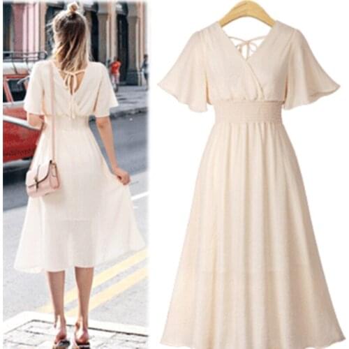 2021 Summer European Style Women Dresses Solid Color V-Neck Female Vestidos Chiffon Ladies Robe Brand Design Clothes KE51
