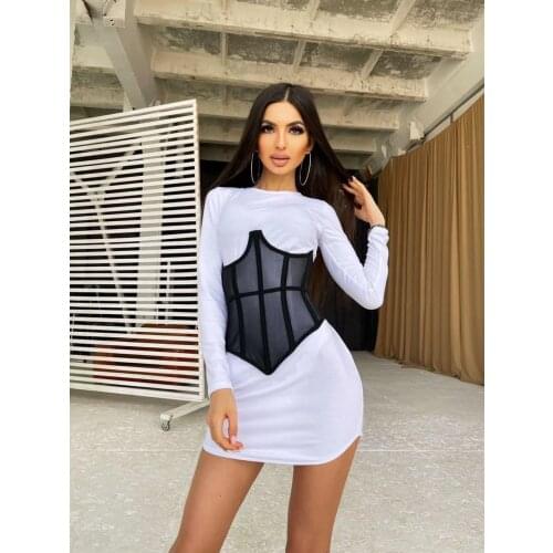 Women Vintage With Corset Tops Sheath Mini Dress Long Sleeve O neck White Color Party Prom Dress 2021 Autumn New Fashion Dress
