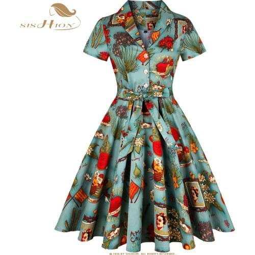 SISHION Green Floral Print A Line Cotton Women Summer Dress SD0002 Short Sleeve Swing Retro Rockabilly Vintage Dress