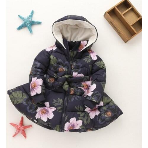 Winter Girls Hooded Jacket Printed Flowers Zipper Winter Coat For Girls Kids Padded Jacket Casual Childrens Outerwear M01