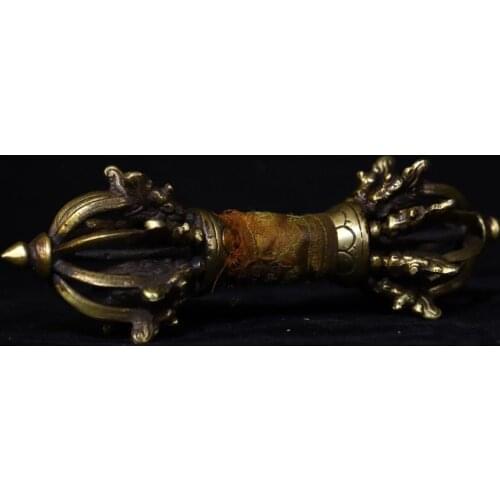10" Tibet Buddhism bronze silk Jiugu old magic weapon Vajra Dorje Vajra Phurba Dagger Holder Ward off evil spirits Exorcism