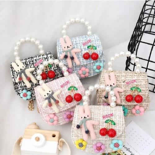 2021 Lovely Kid Messenger Bag with 3D Flowers CherriesDoll Decoration Pearl Handle Accessory Children Handbag