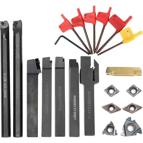 7 Set 12mm Lathe Turning Tool Holder Boring Bar +Carbide Insert + T15 Wrench
