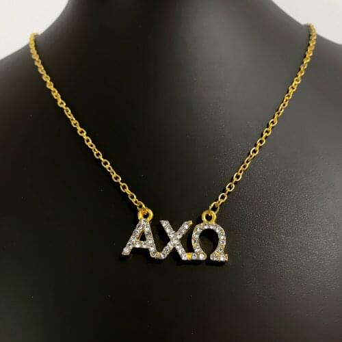 Shiny rhinestone inlaid Greek letter ALPHA CHI OMEGA metal pendant gold chain necklace