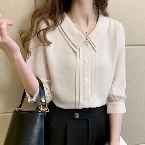 2021 Summer Korean Half Sleeve Peter Pan Collar Button Chiffon Women Blouse Shirts Tops Female School Uniform Girls Shirt JW9977