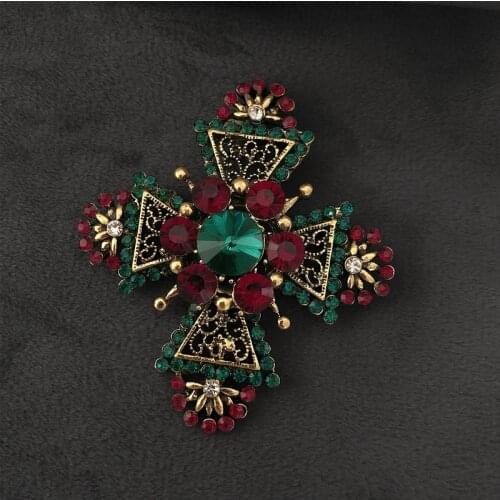 Morkopela Baroque Red Rhinestone Cross Brooch Pin Metal Big Brooches For Women Vintage Pins Clothes Scarf Clip Jewelry