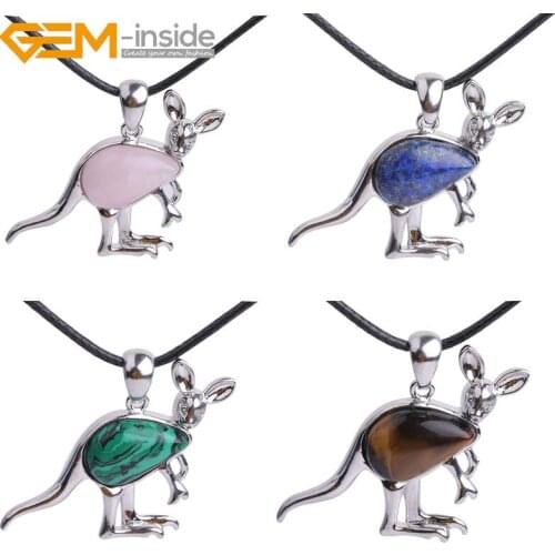 Natural Stone Cleaver Kangaroo Baby Animal Leather Chain Necklace Jewelry For Women Gifts 19" Adjustable Tiger Eye Lapis Lazuli