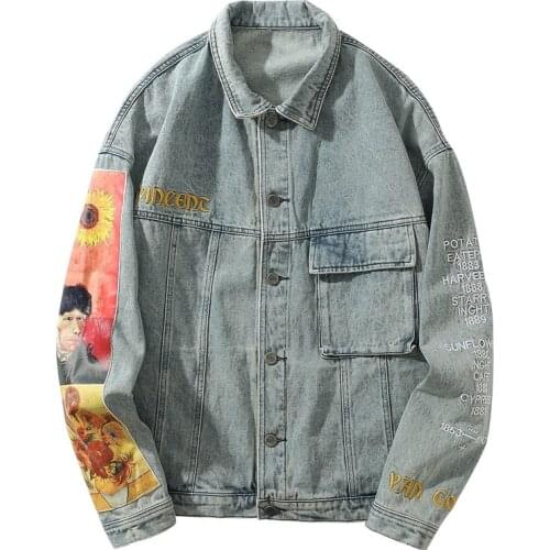 Embroidery Denim Jacket Men Hip Hop Casual Loose Jean Jackets Printed Oversized Patchwork Coat Streetwear Harajuku Jaquetas