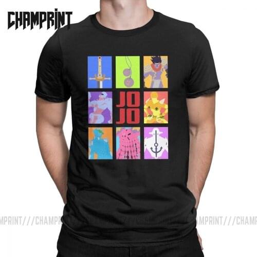 JoJos Bizarre Adventure Stands And Weapons T-Shirt Men Pure Cotton T Shirts Joestar Anime Kujo Crusaders Short Sleeve Tee Shirt