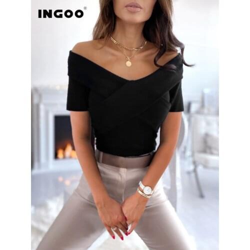 INGOO Sexy Off Shoulder V Neck Tops Short Sleeve Streetwear Creamy White Black Leisure Tee Casual Slim Wrap Woman Tops Summer