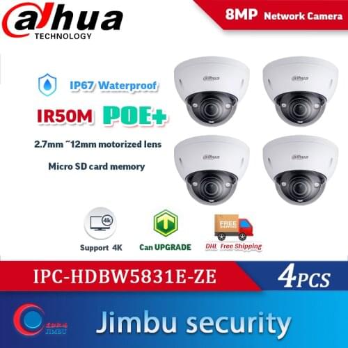 Dahua 8MP 4K IP camera IPC-HDBW5831E-ZE 4PCS WDR Network h.265 IR50m PoE+ 2.7mm ~12mm motorized lens IK10 Micro SD memory 128GB
