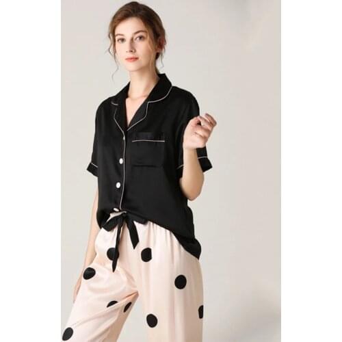 JULYS SONG Women Faux Silk Pajamas Dot Striped Soft Short Sleeve Sleepwear Lapel Collar Homewear Female Pyjamas Nightwear