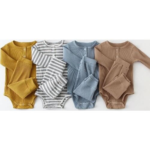 Rompers + Casual Pants Baby Born Boy Clothes Summer Spring Baby Boy Clothes 2Pcs Newborn Outfits Set Solid Knitted Long Sleeve