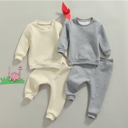 Lioraitiin 1-5Years Toddler Baby Girl 2Pcs Autumn Clothing Set Long Sleeve Solid Top Long Pants White Gray 2Colors Outfit