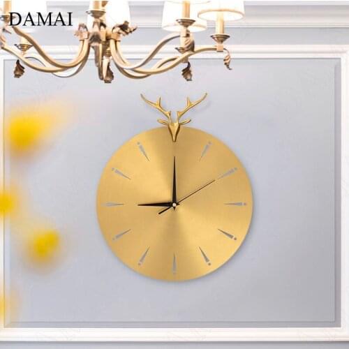 Copper Deer Head Wall Clock Modern Design European Creative Quartz Clocks Movement Office Ornaments Home Living Room Decoration