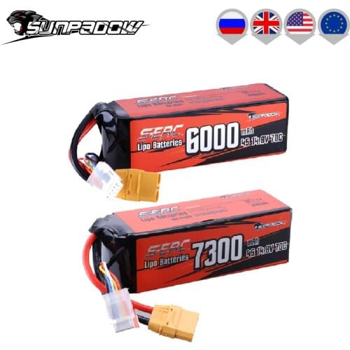 Sunpadow 4S Lipo Battery 14.8V 6000mAh 7300Ah 70C Soft Pack with XT90 Connector For RC Car Truck Tank Truggy Vehicle Buggy Hobby